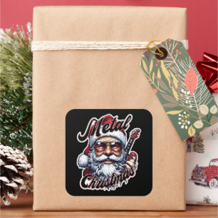 Sticker Carré Tête de Père Noël Rocker de Noël Métal Guitare
