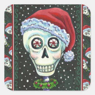 STICKER CARRÉ TÊTE MORTE PÈRE NOËL SKULL, HUMOUR SKELETON DE NOË