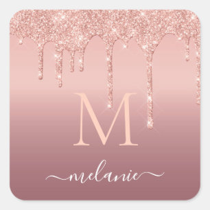 Sticker Carré Texte de nom de monogramme Rose Gold Blush Paillet