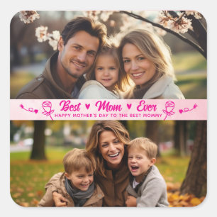 Sticker Carré Texte Élégant Photo Fête des Mères Aquarelle Rose