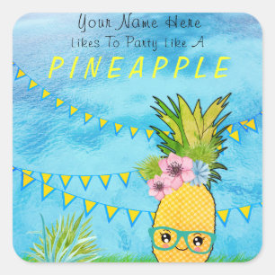Sticker Carré Texte personnalisé / Ananas de fête Kawaii Summer 