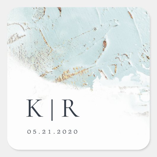 Sticker Carré texturé bleu or faux feuille Mariage élégant (Devant)