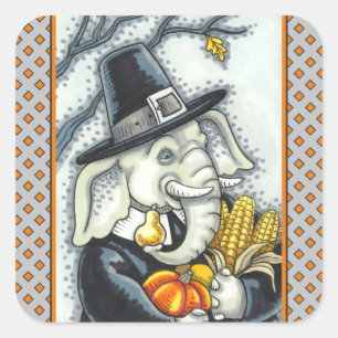STICKER CARRÉ THANKSGIVING PACHYDERM, THANKFUL PILGRIM ELEPHANT