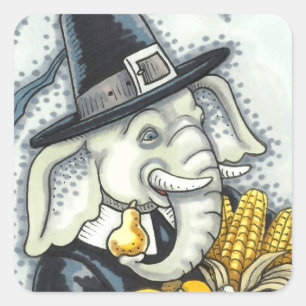 STICKER CARRÉ THANKSGIVING PACHYDERM, THANKFUL PILGRIM ELEPHANT
