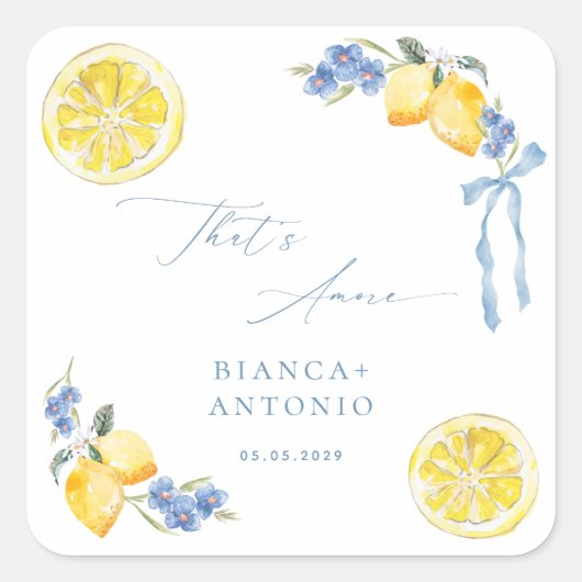 Sticker Carré That's Amore Blue Bow Lemons Italian Wedding Favor (Devant)