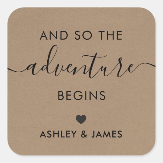 Sticker Carré The Adventure Begins, Wedding Welcome Sticker, (Devant)