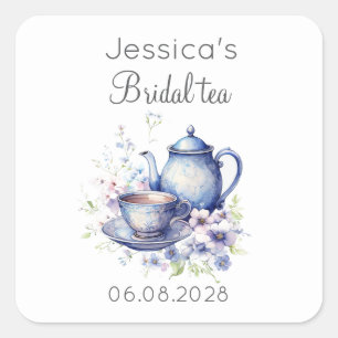 Sticker Carré Thé Bohème de Mariage Fleurs Bleues Mariage Vintag