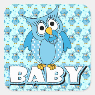 Sticker Carré Thème Baby shower Blue Polka Dot Owl