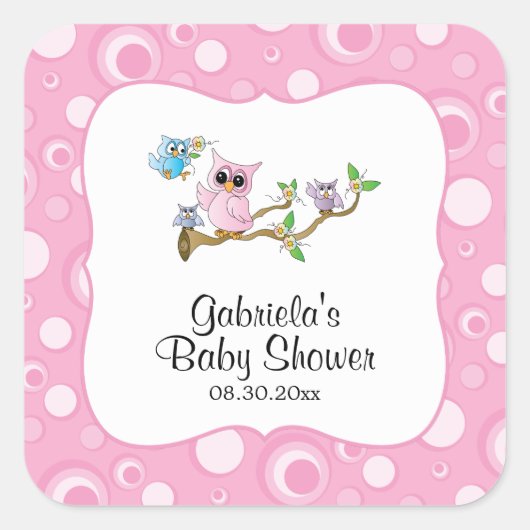 Sticker Carré Thème Baby shower Chouette Bébé Rose (Devant)