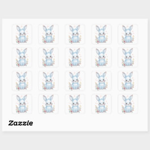 Sticker Carré Thème de fête lapin bleu mignon floral pastel