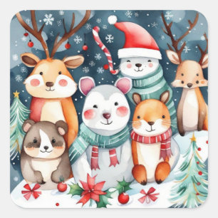 Sticker Carré Thème de Noël Animaux mignons
