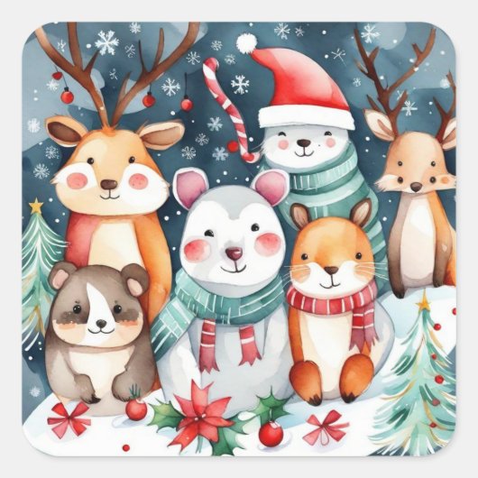 Sticker Carré Thème de Noël Animaux mignons (Devant)