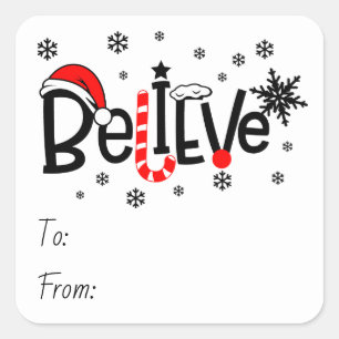 Sticker Carré Thème de Noël Croire Texte Avec Des Snowflakes