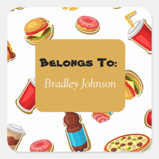 Sticker Carré Thème de nourriture personnalisable appartient au (Devant)