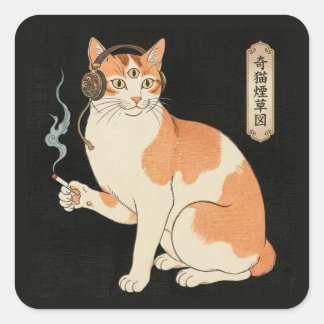 Sticker Carré Third Eye Cat with Headphones & Cigarette - Japane