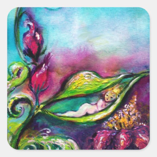 STICKER CARRÉ THUMBELINA DORMIR ENTRE FEUILLES ROSE (Devant)