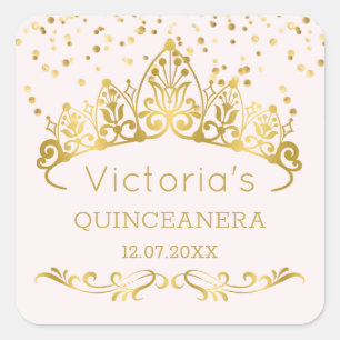 Sticker Carré Tiara or, pois de polka confetti Quinceanera