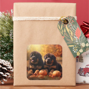 Sticker Carré Tibétain Mastiff Chiot Automne Citrouille délice