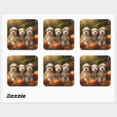 Sticker Carré Tibétain Terrier Chiot Automne Citrouille délice (Feuille)