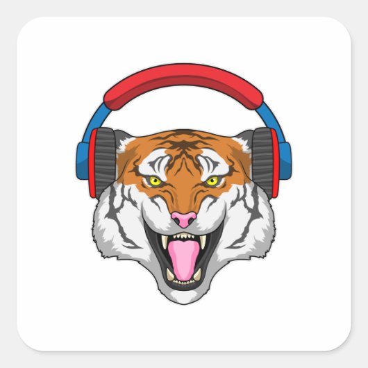 Sticker Carré Tiger en musique avec casque (Devant)