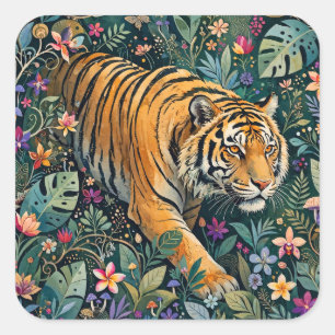 Sticker Carré Tigre aux Yeux Ambrés Feuillage de la Jungle Fanta