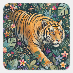 Sticker Carré Tigre aux Yeux Ambrés Feuillage de la Jungle Fanta