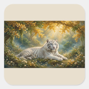 Sticker Carré Tigre Blanc – Un Endroit Tranquille Sous les Feuil