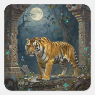 Sticker Carré Tigre dans les dunes anciennes sous la pleine lune