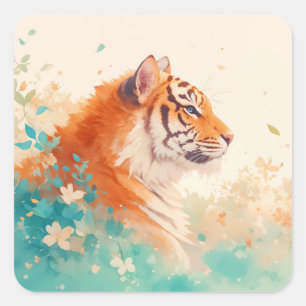 Sticker Carré Tigre dans un jardin fleuri botanique aux couleurs