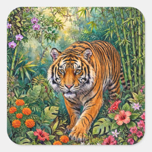 Sticker Carré Tigre du Bengale Jungle de bambou vibrant