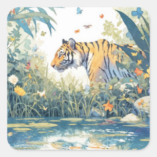Sticker Carré Tigre marchant près d'un étang dans un jardin luxu