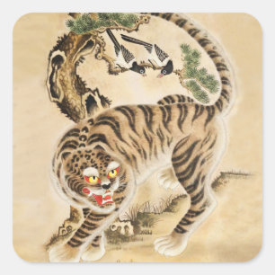 Sticker Carré Tigre Minhwa vintage sous un pin