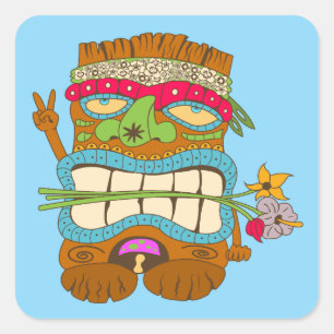 Sticker Carré Tiki Amoureux de la Paix, Hippie Floral, Bleu Drôl