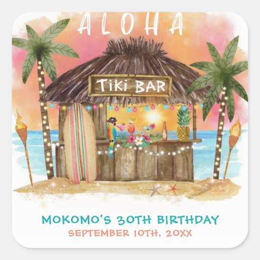 Sticker Carré Tiki Beach Bar Mer tropicale Anniversaire (Devant)