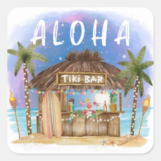 Sticker Carré Tiki Beach Bar Surf tropical & mer (Devant)