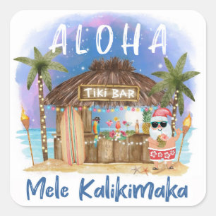 Sticker Carré Tiki Beach Bar Tropical Mele Kalikimaka Père Noë
