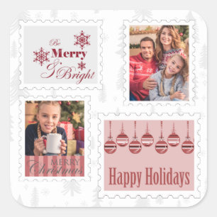 Sticker Carré Timbres-poste pour photo de Noël Rouge Gris