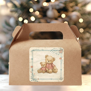 Sticker Carré Timbres Vintage Teddy Bear Duo carreaux rouges 
