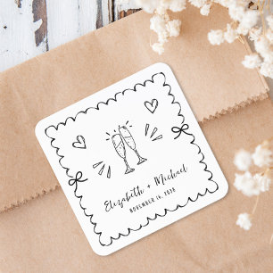 Sticker Carré Toast au Champagne de Mariage avec Cadre Ondulé Fa