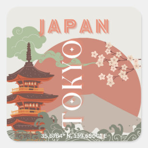 Sticker Carré Tokyo Japan Travel Art, Retro Travel Art