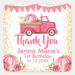 STICKER CARRÉ TOMBER PINK TRUCK CITROUILLE 1ER ANNIVERSAIRE