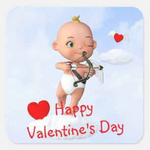 Sticker Carré Toon Baby Cupid Flying with a Bow and Flrow