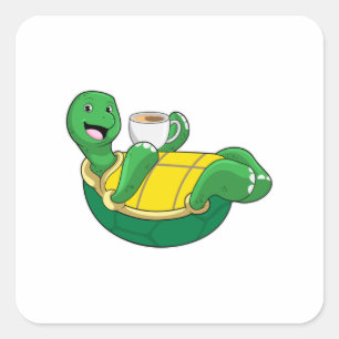 Sticker Carré Tortue avec tasse de café