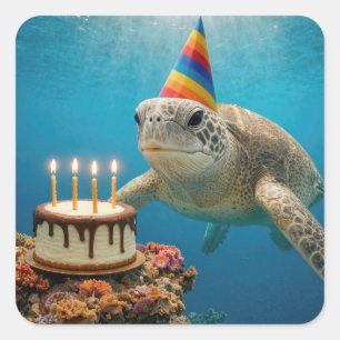 Sticker Carré Tortue de mer avec gâteau d'anniversaire