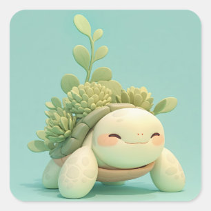 Sticker Carré Tortue de mer en argile heureuse avec succulente