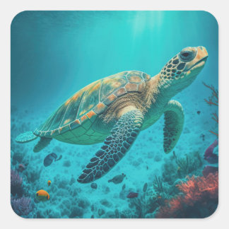 Sticker Carré Tortue de mer Océan Marine Vie Plage Nature Animau