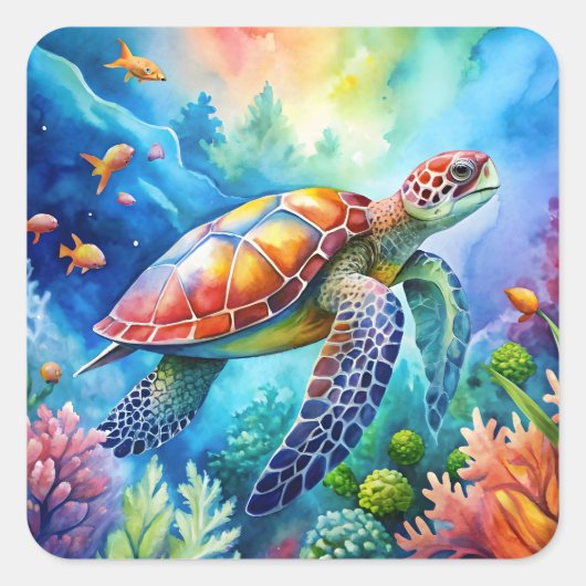 Sticker Carré Tortue de mer peinte (Devant)