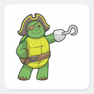Sticker Carré Tortue en pirate avec patchs main et oeil