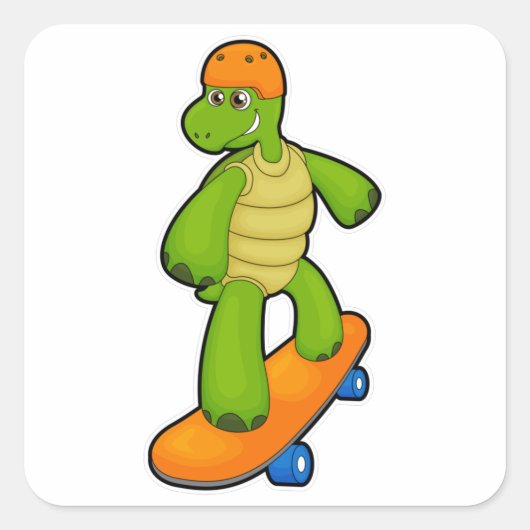 Sticker Carré Tortue en Skateboard avec Skateboard & Casque (Devant)
