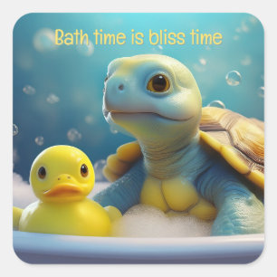 Sticker Carré Tortue et canard en caoutchouc dans le bain Texte